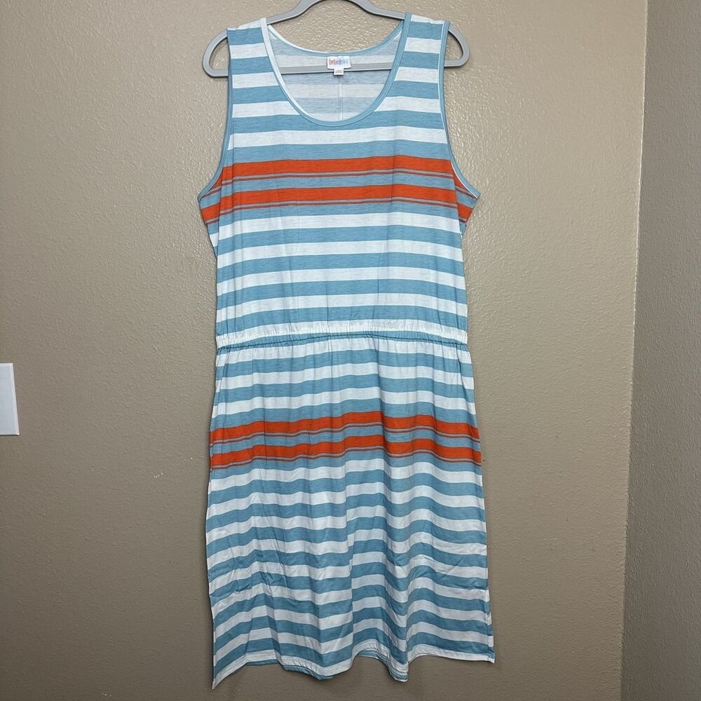 LuLaRoe Tank Dress Woman’s Size 3XL Blue Orange White Striped Soft Stretch Knit